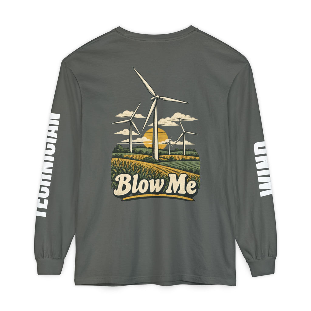 Long Sleeve T-Shirt — 'Blow Me' Wind Turbine Graphic (Sustainable Energy Vibe)