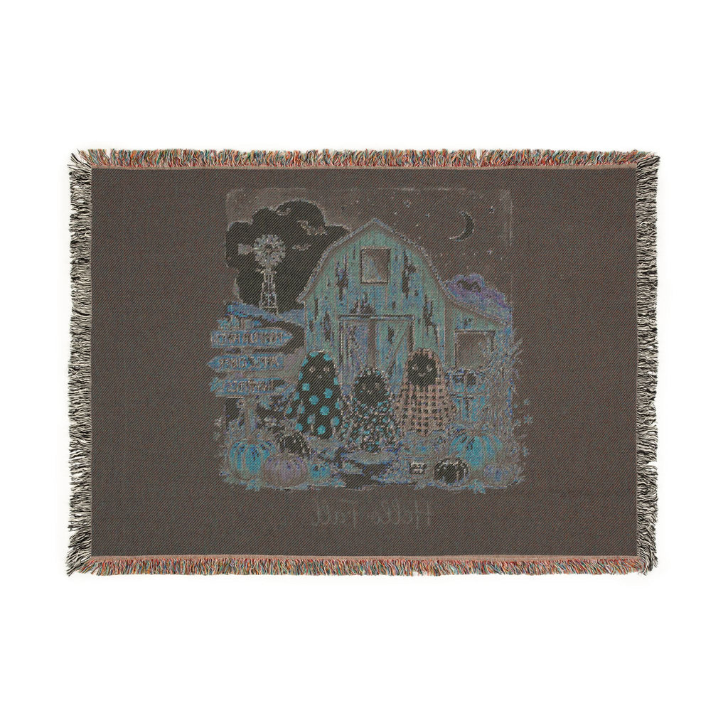 Halloween Ghost Farm Woven Blanket — Cozy Fall Throw with Barn & Pumpkins