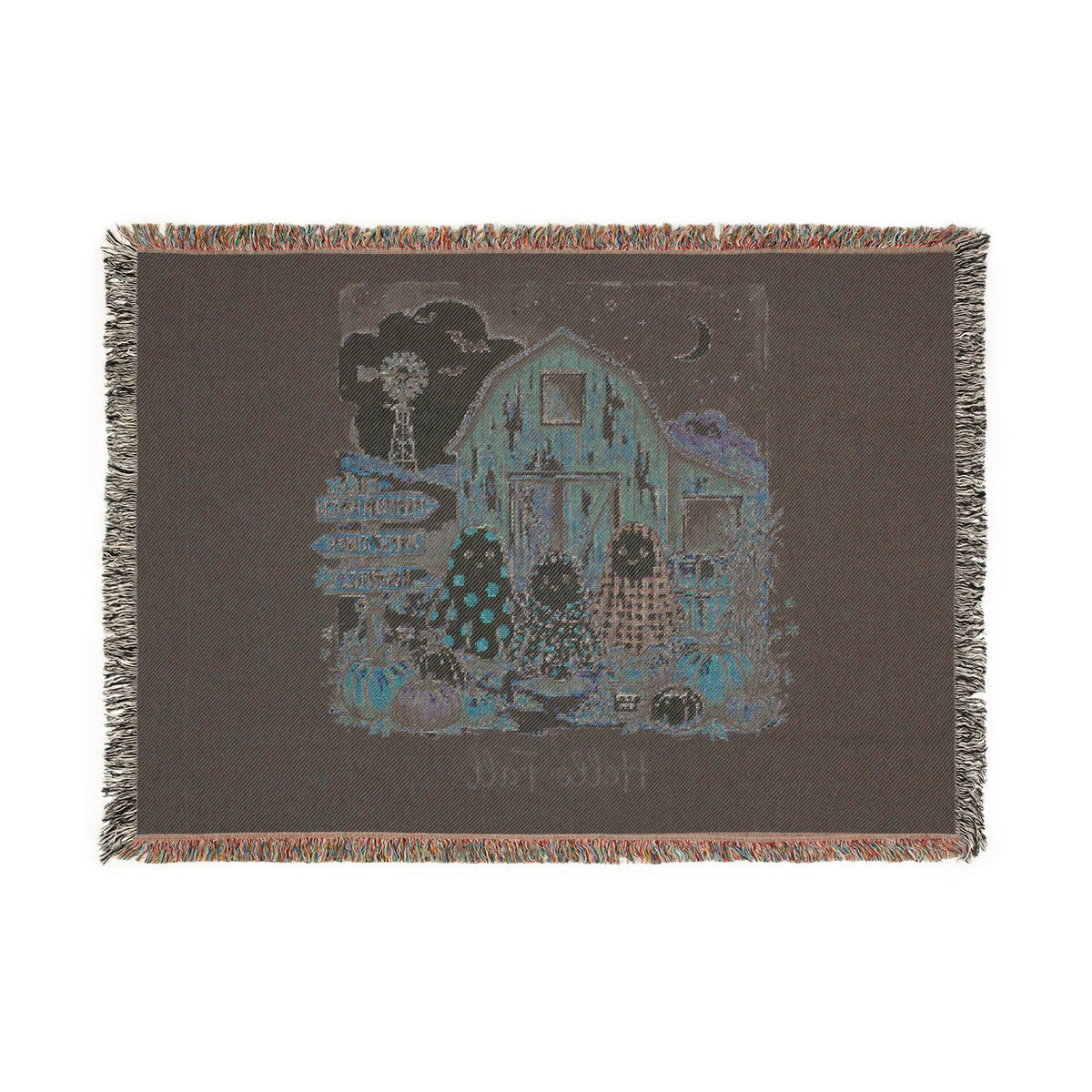 Halloween Ghost Farm Woven Blanket — Cozy Fall Throw with Barn & Pumpkins