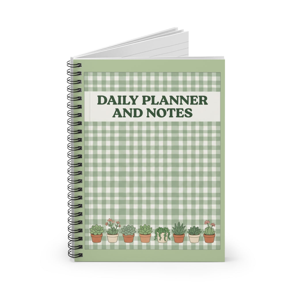 Daily Planner and Notes Spiral Notebook – Green Gingham Succulent Journal
