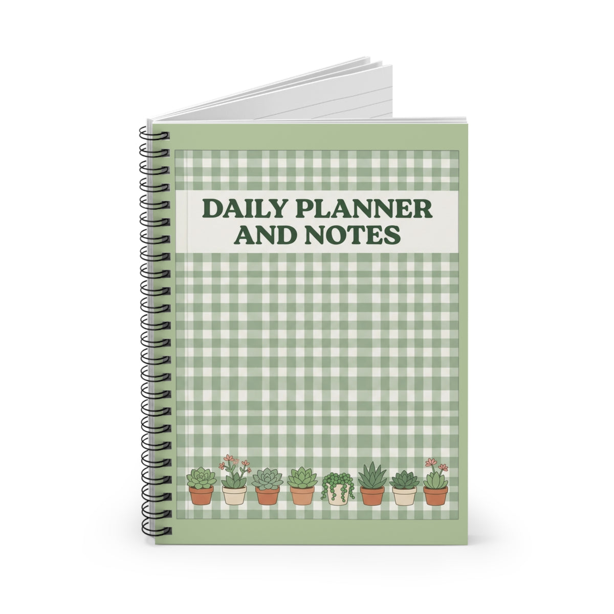 Daily Planner and Notes Spiral Notebook – Green Gingham Succulent Journal