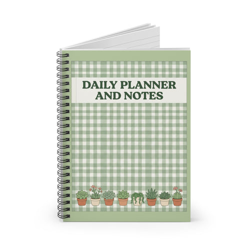 Daily Planner and Notes Spiral Notebook – Green Gingham Succulent Journal