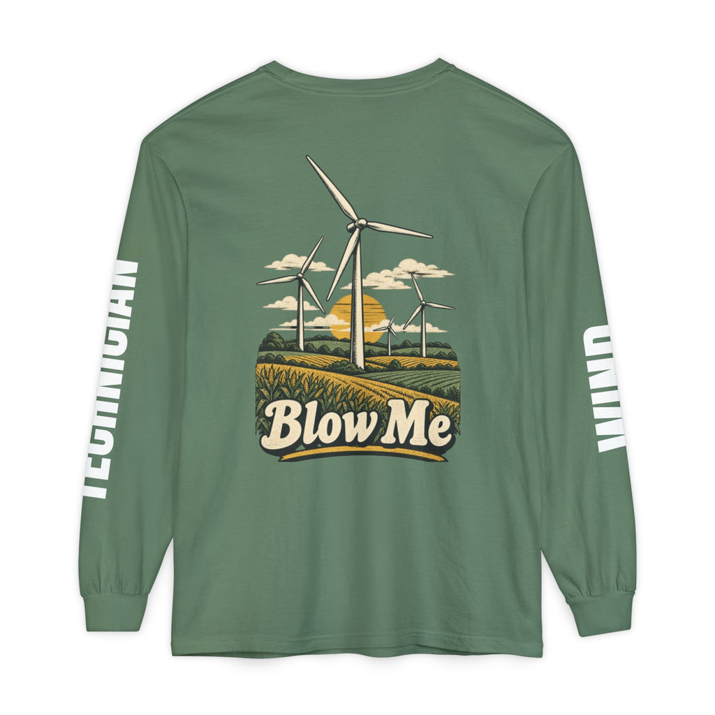 Long Sleeve T-Shirt — 'Blow Me' Wind Turbine Graphic (Sustainable Energy Vibe)