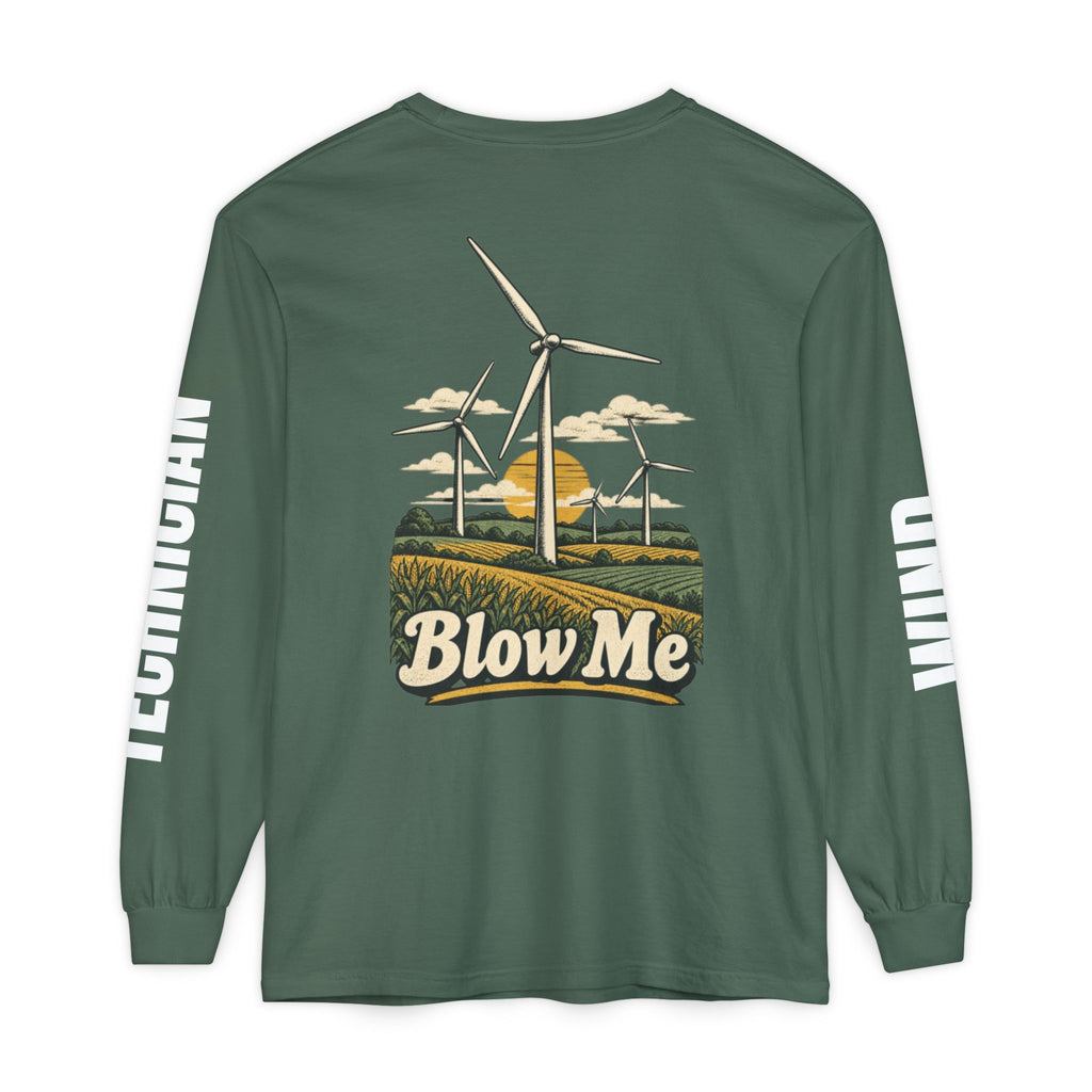Long Sleeve T-Shirt — 'Blow Me' Wind Turbine Graphic (Sustainable Energy Vibe)