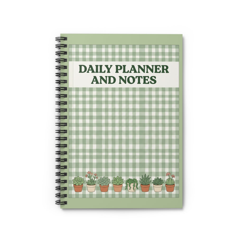 Daily Planner and Notes Spiral Notebook – Green Gingham Succulent Journal