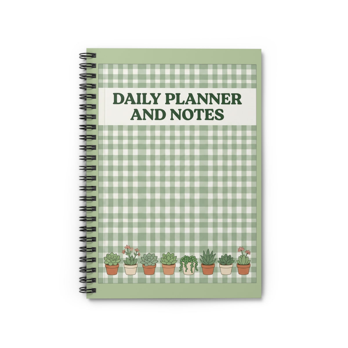 Daily Planner and Notes Spiral Notebook – Green Gingham Succulent Journal