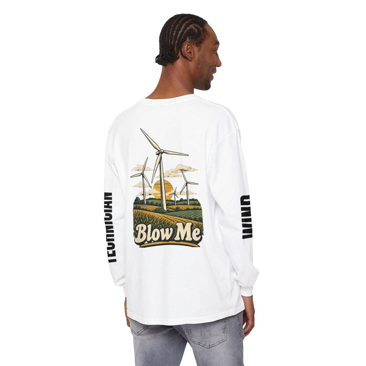 Long Sleeve T-Shirt — 'Blow Me' Wind Turbine Graphic (Sustainable Energy Vibe)