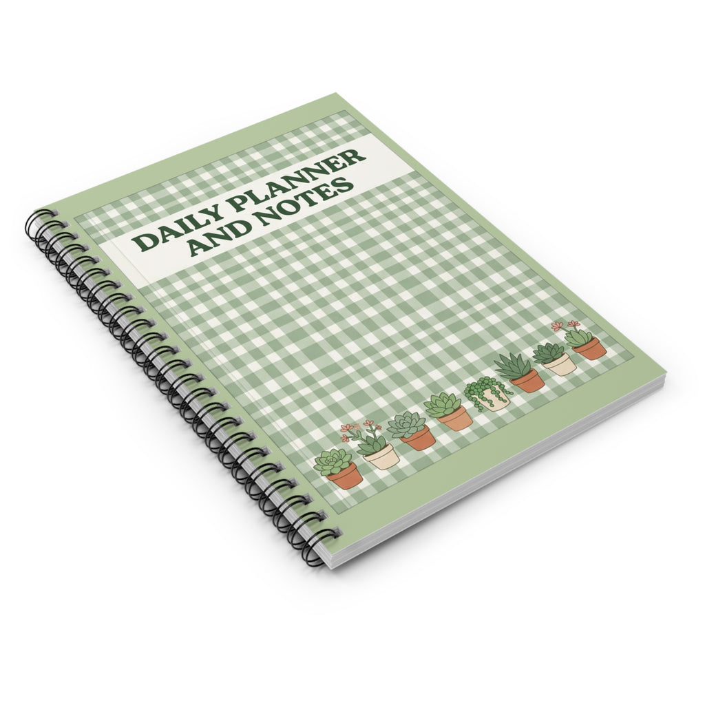 Daily Planner and Notes Spiral Notebook – Green Gingham Succulent Journal