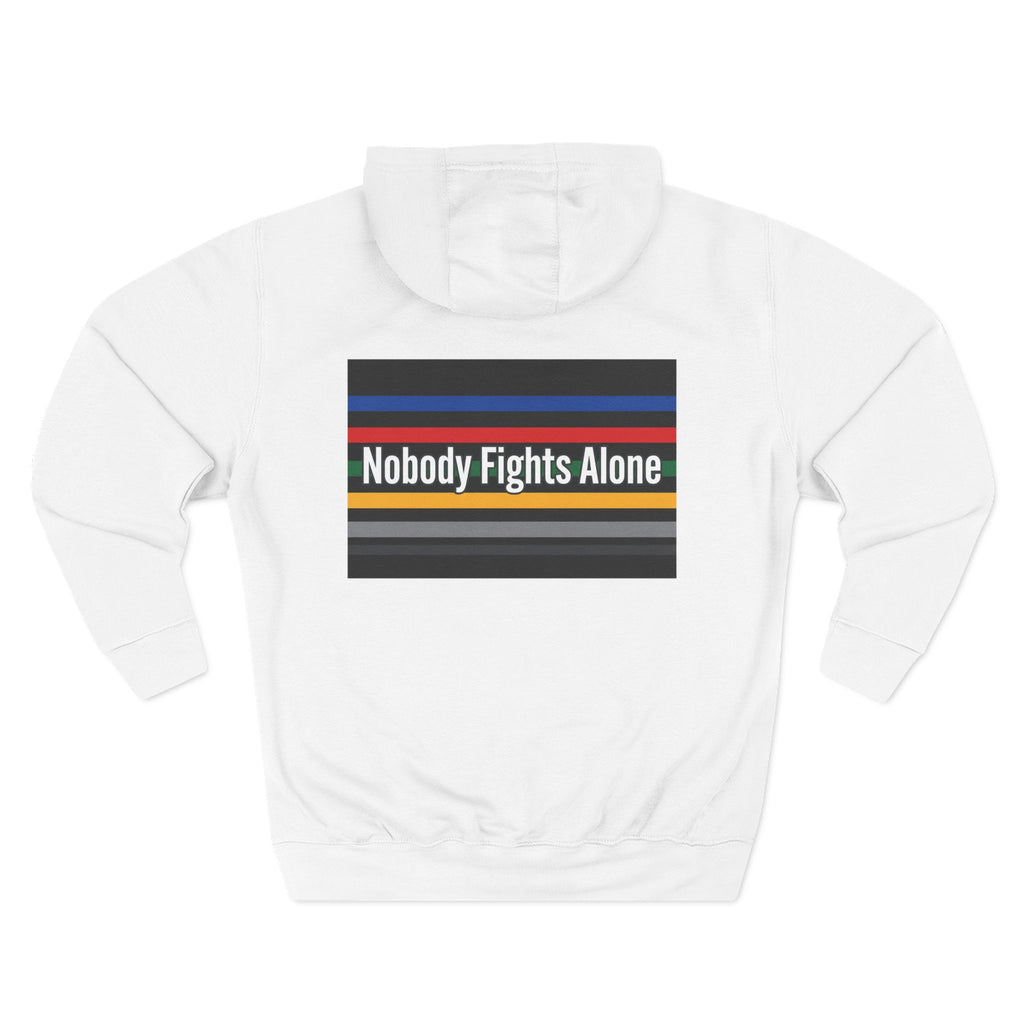 Nobody Fights Alone Hoodie — Cancer Support Rainbow Stripe Fleece