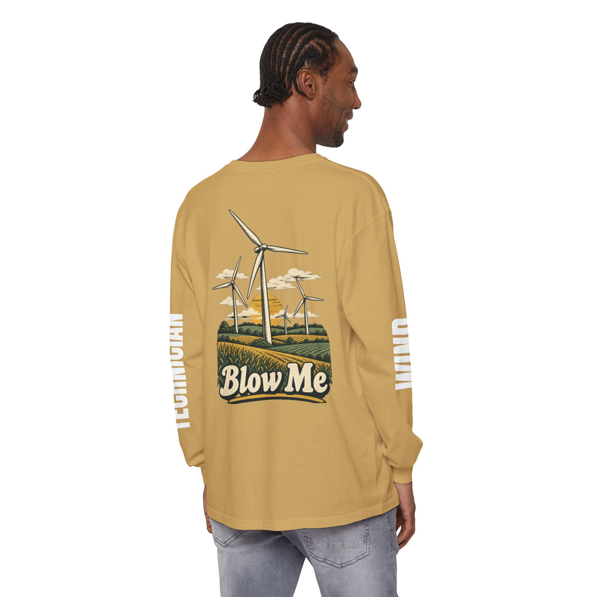 Long Sleeve T-Shirt — 'Blow Me' Wind Turbine Graphic (Sustainable Energy Vibe)