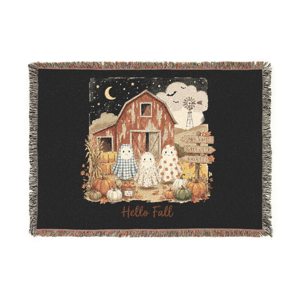 Halloween Ghost Farm Woven Blanket — Cozy Fall Throw with Barn & Pumpkins