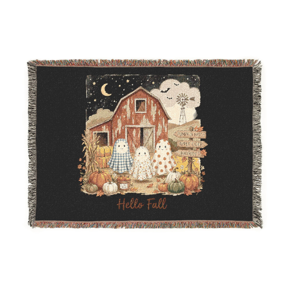 Halloween Ghost Farm Woven Blanket — Cozy Fall Throw with Barn & Pumpkins