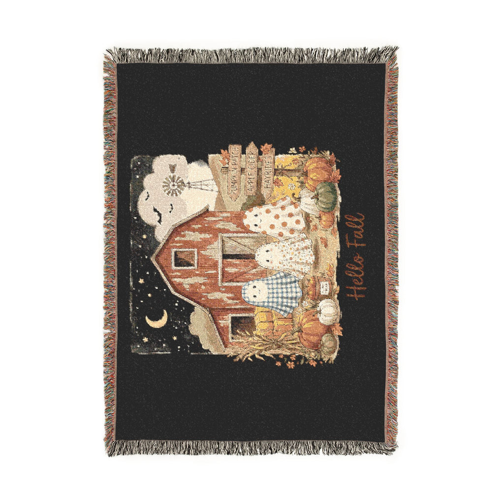 Halloween Ghost Farm Woven Blanket — Cozy Fall Throw with Barn & Pumpkins